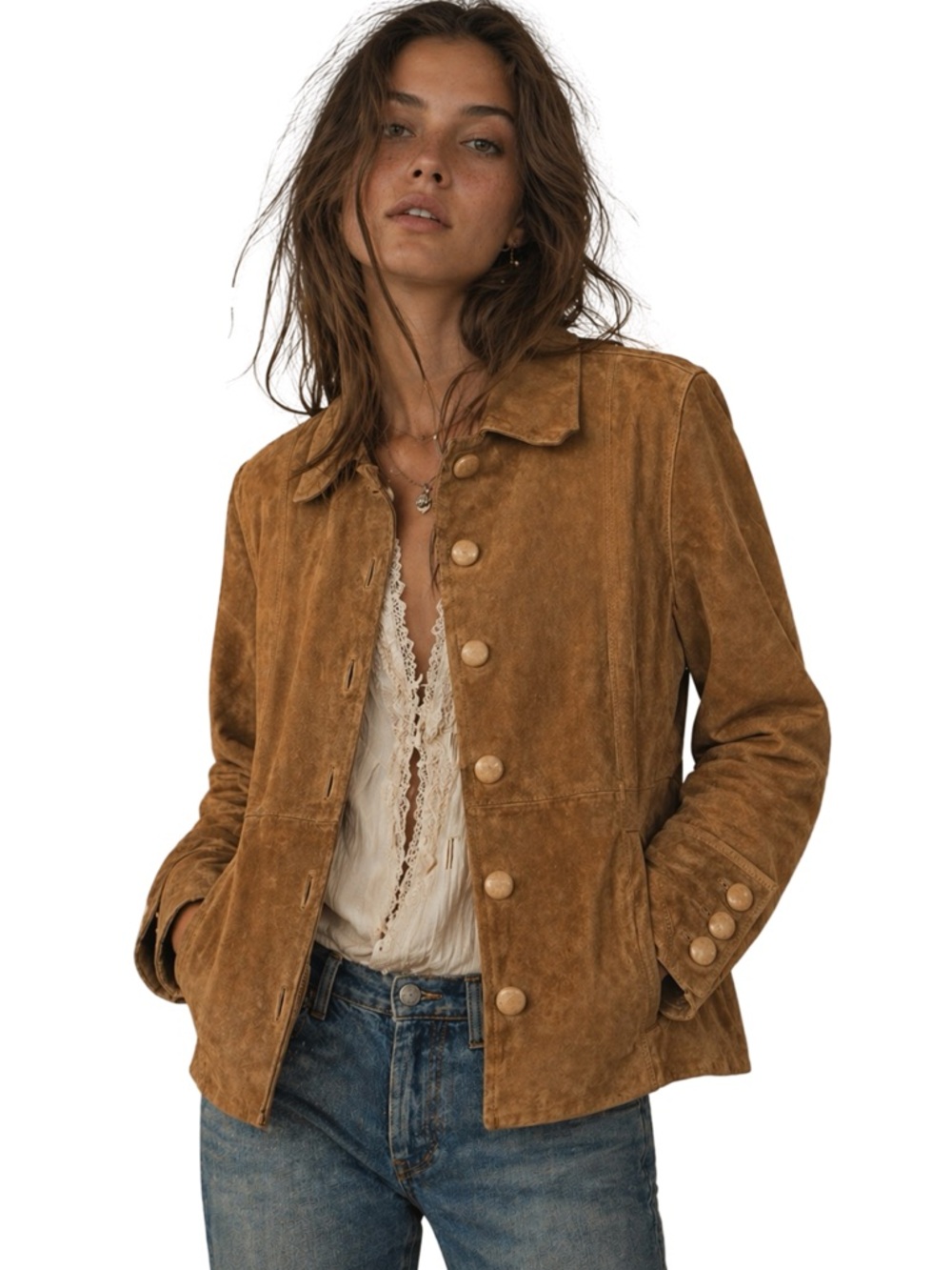 Vintage Suede Leather Medium Brown Button-Front Jacket